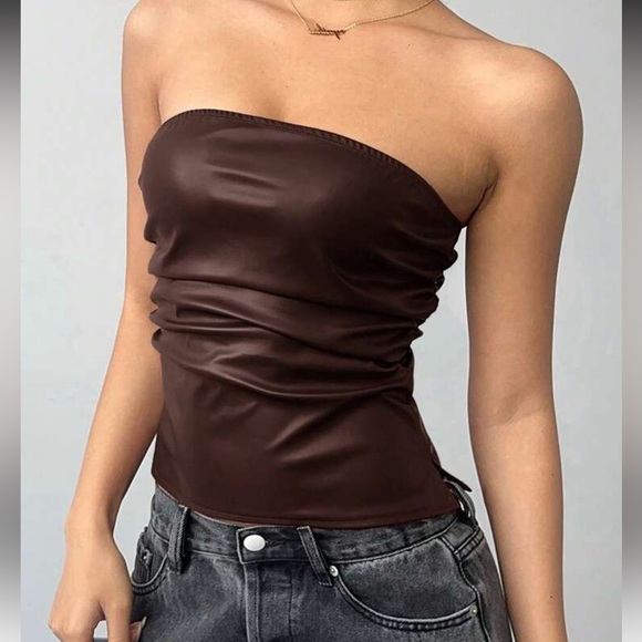 SHEIN Tops - SHEIN Elegant Brown Faux Leather Strapless Camisole